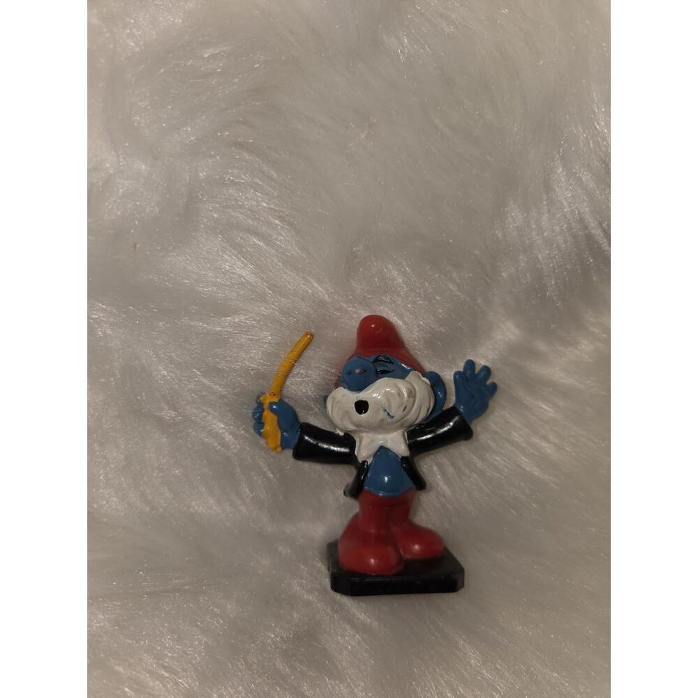 Vintage Conductor Papa Smurf Figurine with Red Hat and Black Jacket